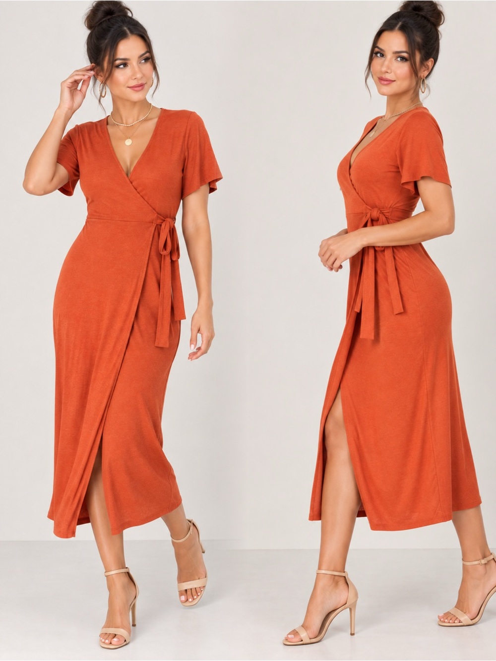 Midi ribbed wrap dress in rust, spring & summer dress